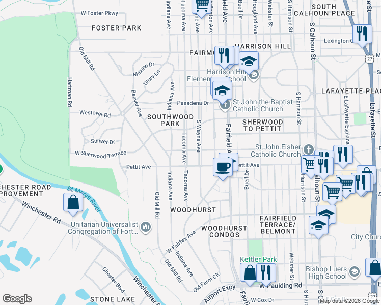 map of restaurants, bars, coffee shops, grocery stores, and more near 4801 Tacoma Avenue in Fort Wayne
