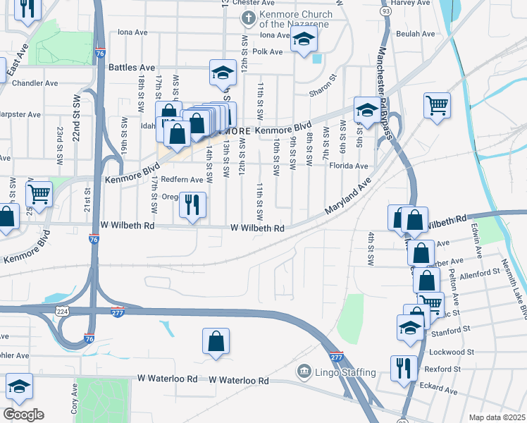 map of restaurants, bars, coffee shops, grocery stores, and more near 2331 11th Street Southwest in Akron