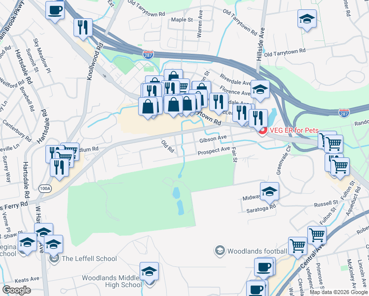 map of restaurants, bars, coffee shops, grocery stores, and more near 135 Gibson Avenue in White Plains