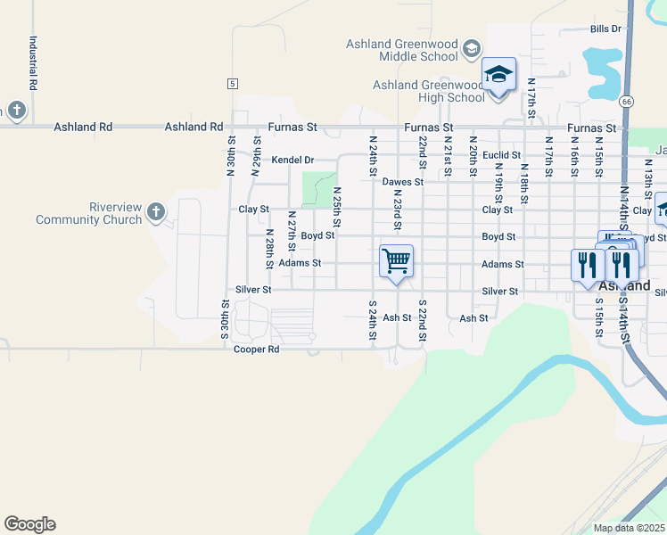map of restaurants, bars, coffee shops, grocery stores, and more near 108 North 25th Street in Ashland
