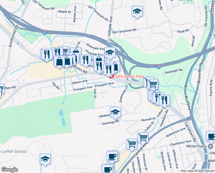 map of restaurants, bars, coffee shops, grocery stores, and more near 5 Prospect Avenue in White Plains