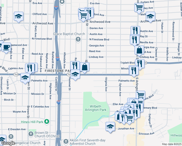 map of restaurants, bars, coffee shops, grocery stores, and more near 755 East Wilbeth Road in Akron