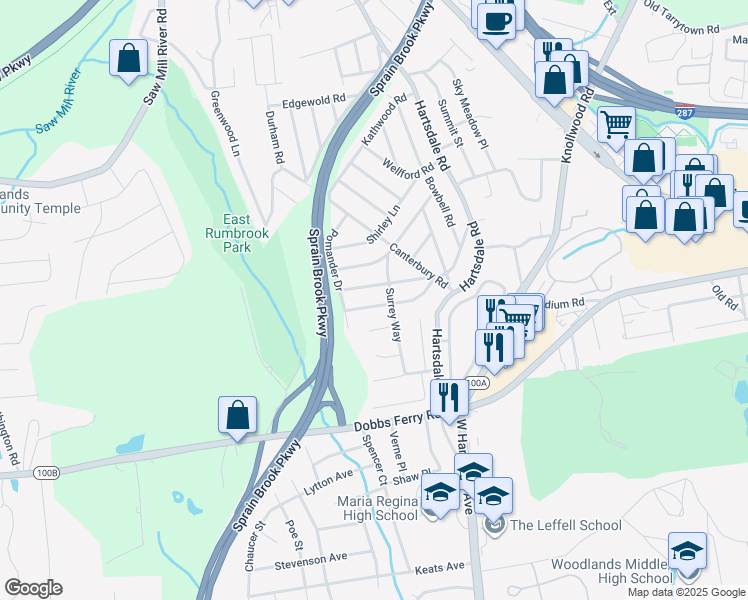 map of restaurants, bars, coffee shops, grocery stores, and more near 70 Abbeville Lane in White Plains
