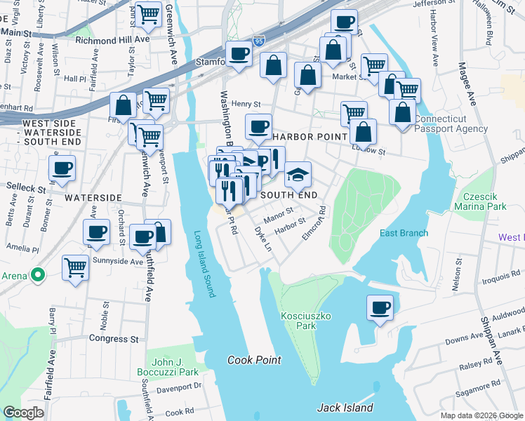 map of restaurants, bars, coffee shops, grocery stores, and more near 816 Pacific Street in Stamford