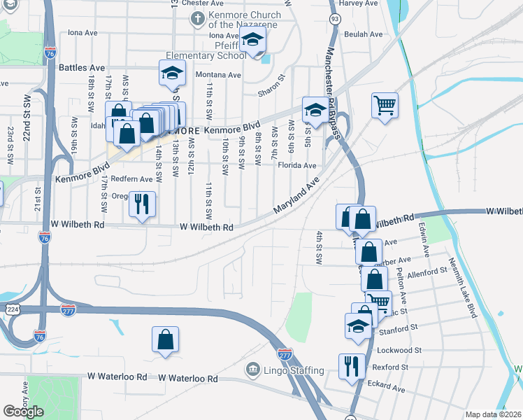 map of restaurants, bars, coffee shops, grocery stores, and more near 2329 8th St SW in Akron