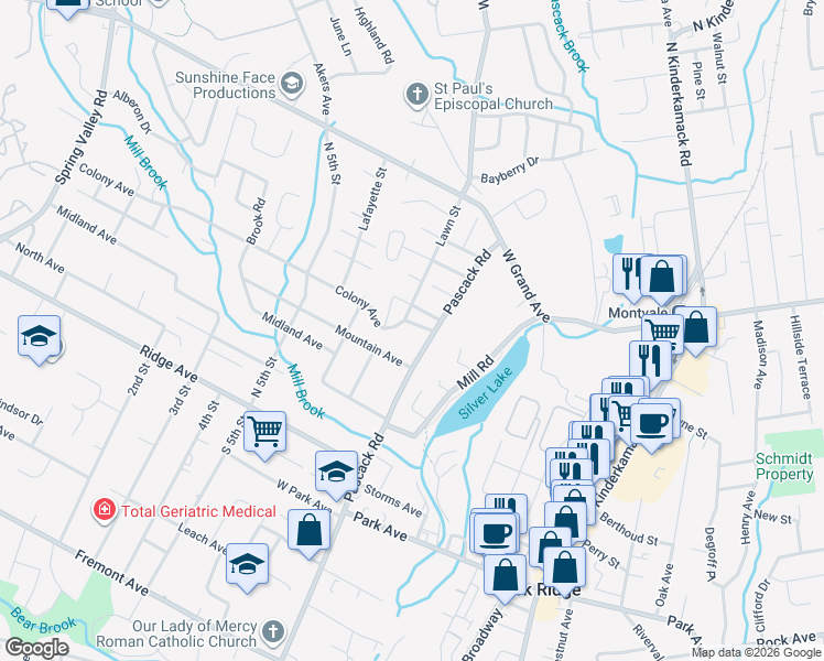 map of restaurants, bars, coffee shops, grocery stores, and more near 11 Colony Avenue in Park Ridge