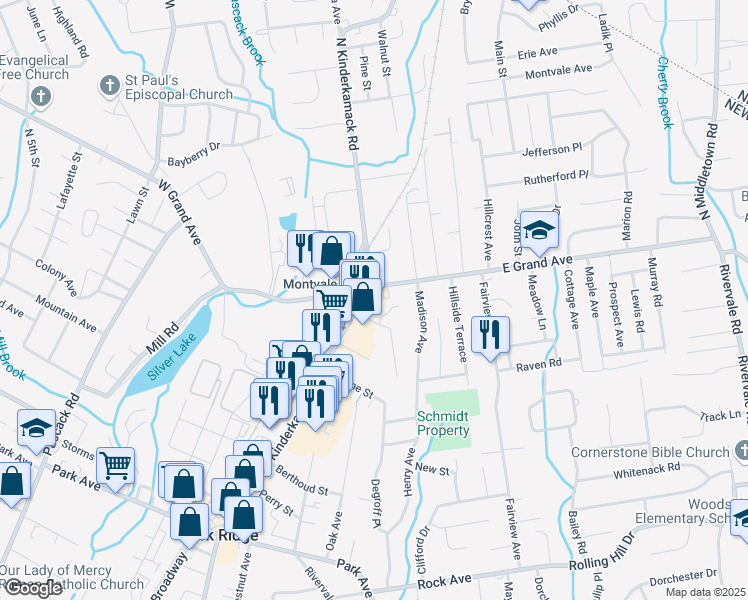 map of restaurants, bars, coffee shops, grocery stores, and more near 8 N Kinderkamack Rd in Montvale