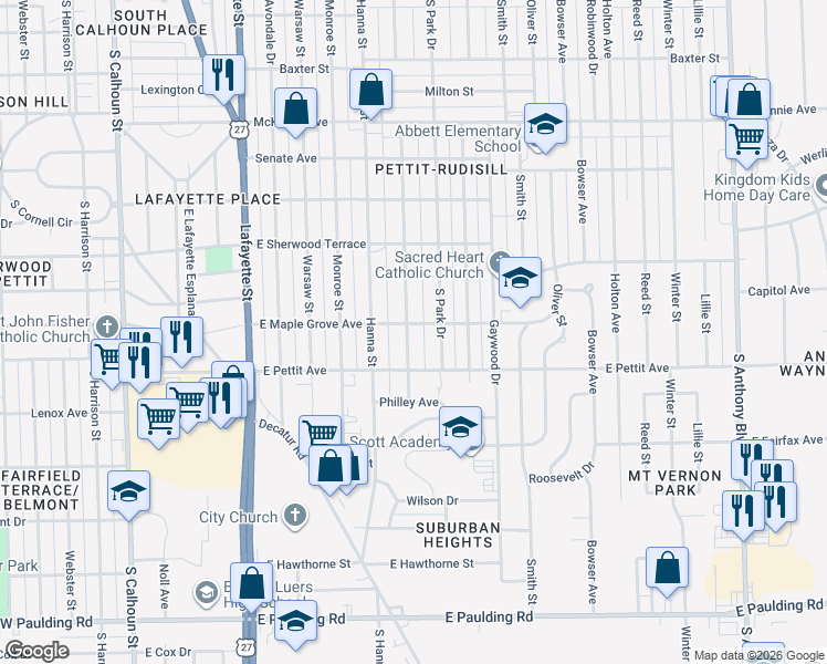 map of restaurants, bars, coffee shops, grocery stores, and more near 4807 Weisser Park Avenue in Fort Wayne