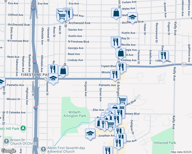 map of restaurants, bars, coffee shops, grocery stores, and more near 875 E Wilbeth Rd in Akron