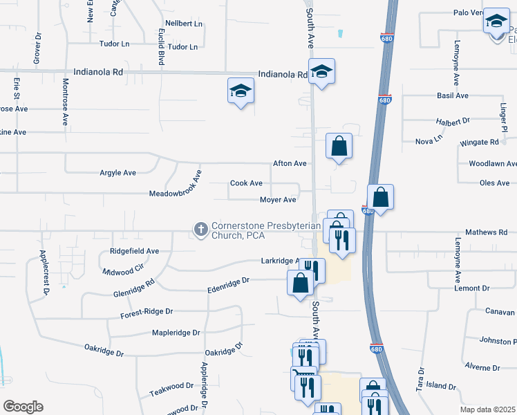 map of restaurants, bars, coffee shops, grocery stores, and more near 875 Moyer Avenue in Youngstown
