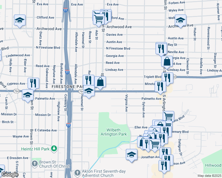 map of restaurants, bars, coffee shops, grocery stores, and more near 755 East Wilbeth Road in Akron