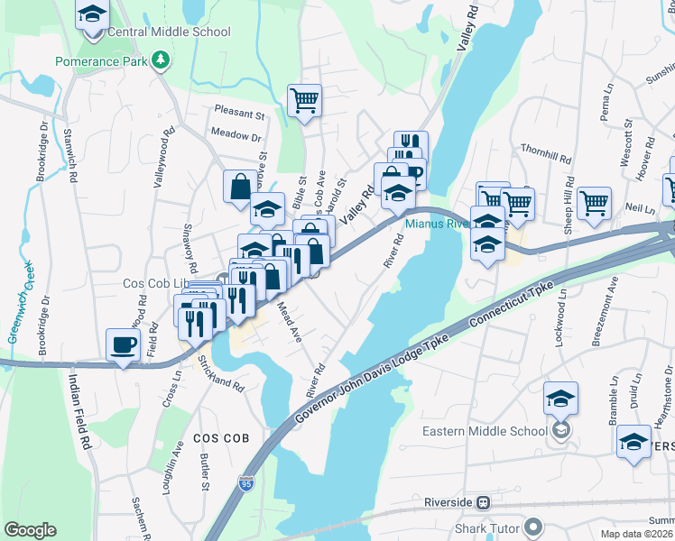 map of restaurants, bars, coffee shops, grocery stores, and more near 453 East Putnam Avenue in Greenwich