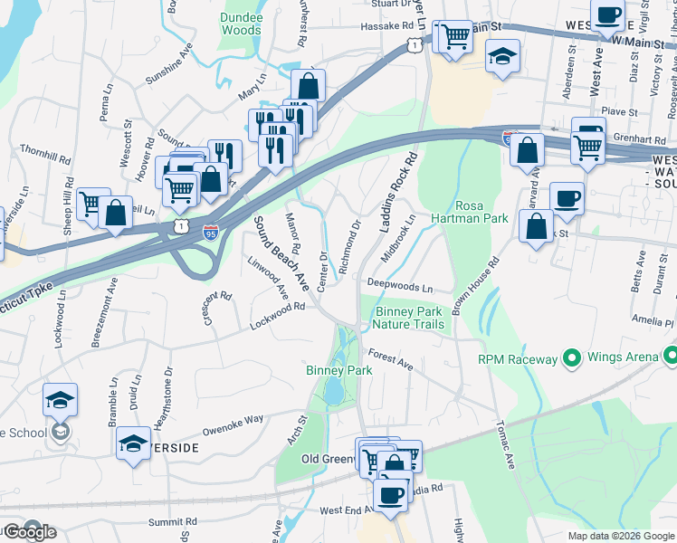 map of restaurants, bars, coffee shops, grocery stores, and more near 6 Richmond Drive in Greenwich