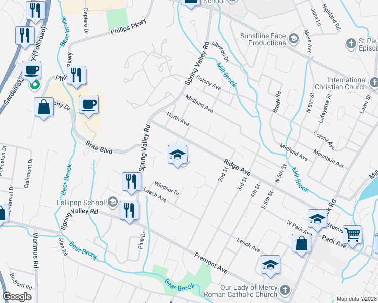 map of restaurants, bars, coffee shops, grocery stores, and more near 7 South 1st Street in Park Ridge