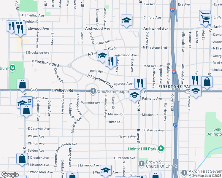 map of restaurants, bars, coffee shops, grocery stores, and more near 372 S Firestone Blvd in Akron