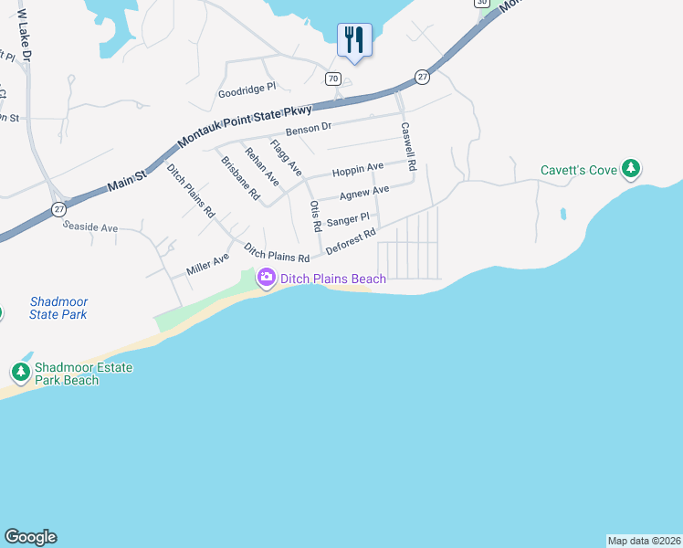 map of restaurants, bars, coffee shops, grocery stores, and more near 52 Deforest Road in Montauk