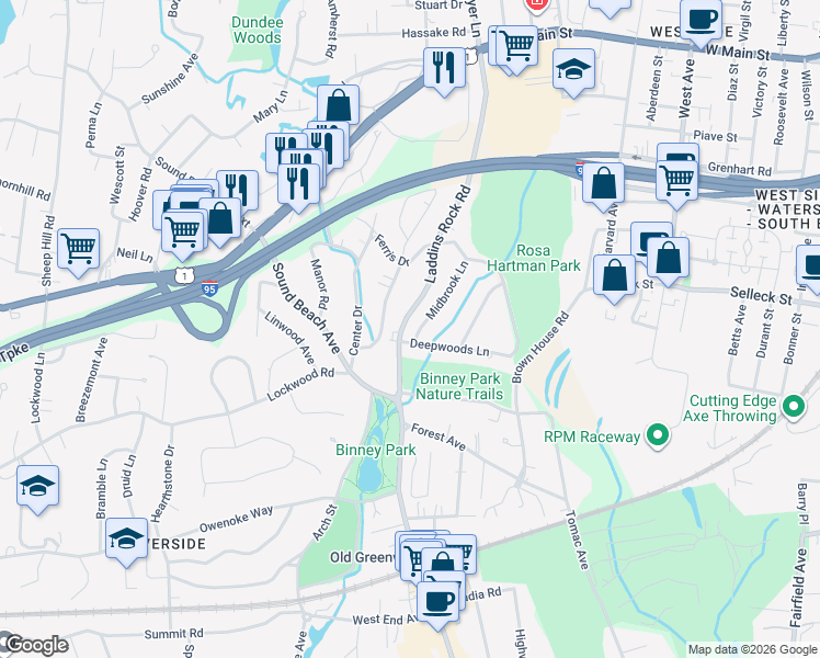 map of restaurants, bars, coffee shops, grocery stores, and more near 6 Midbrook Lane in Greenwich