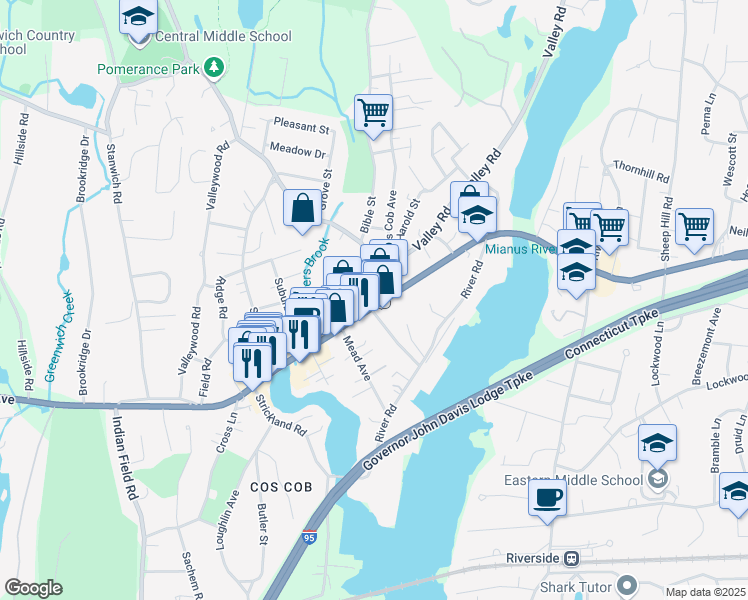 map of restaurants, bars, coffee shops, grocery stores, and more near 392 East Putnam Avenue in Greenwich