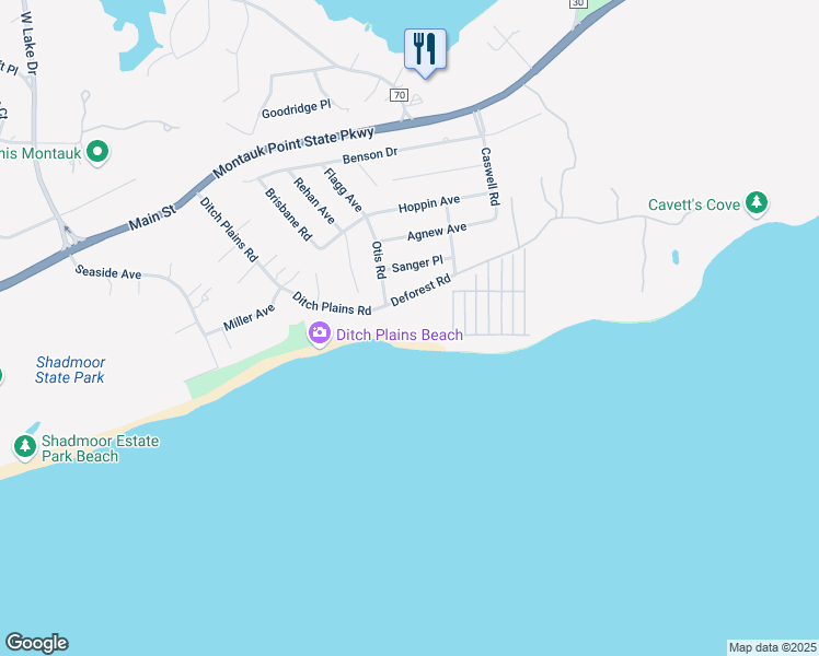 map of restaurants, bars, coffee shops, grocery stores, and more near 52 Deforest Road in Montauk