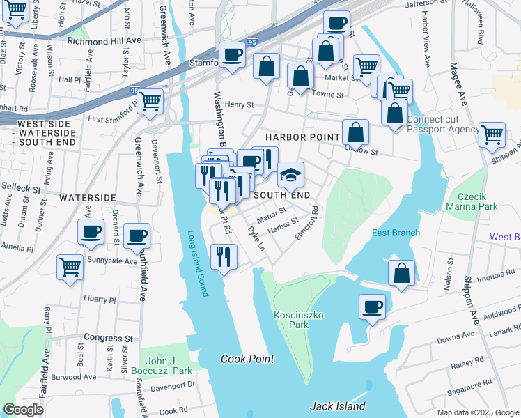 map of restaurants, bars, coffee shops, grocery stores, and more near 808 Pacific Street in Stamford