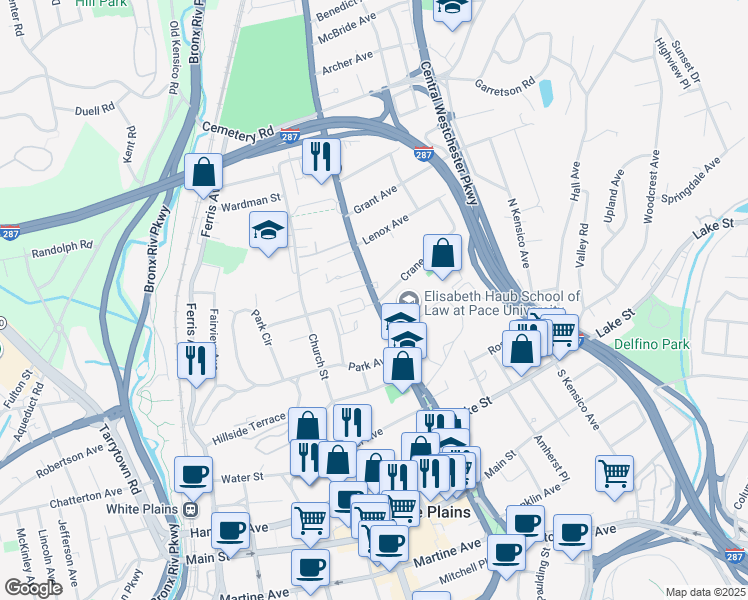 map of restaurants, bars, coffee shops, grocery stores, and more near 11 Crane Avenue in White Plains