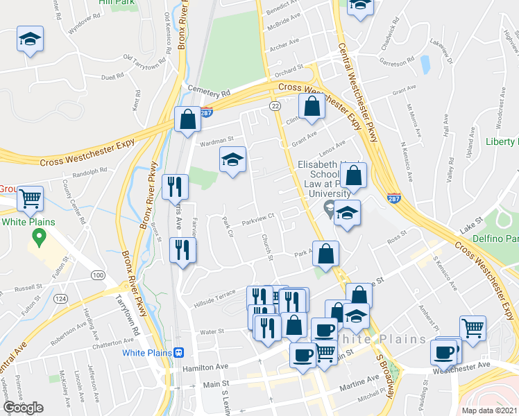 map of restaurants, bars, coffee shops, grocery stores, and more near 22 Parkview Court in White Plains