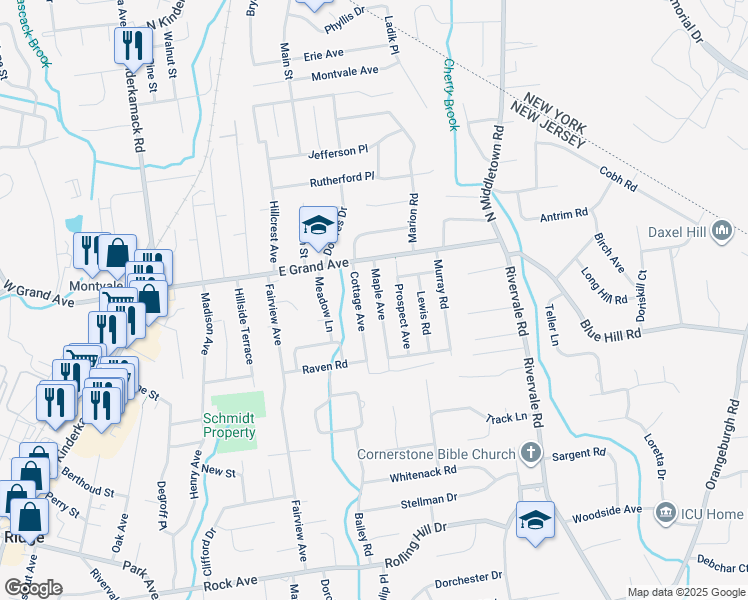 map of restaurants, bars, coffee shops, grocery stores, and more near 12 Maple Avenue in Montvale
