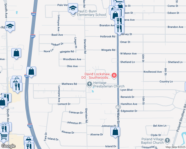 map of restaurants, bars, coffee shops, grocery stores, and more near 5751 Sheridan Road in Poland