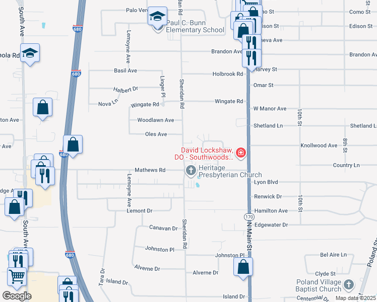map of restaurants, bars, coffee shops, grocery stores, and more near 5751 Sheridan Road in Poland
