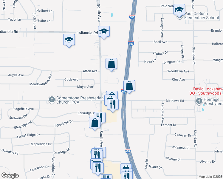 map of restaurants, bars, coffee shops, grocery stores, and more near I-680 Ron Lane in Youngstown