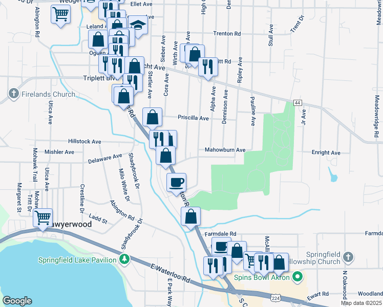 map of restaurants, bars, coffee shops, grocery stores, and more near 2571 Rhoadesdale Avenue in Akron