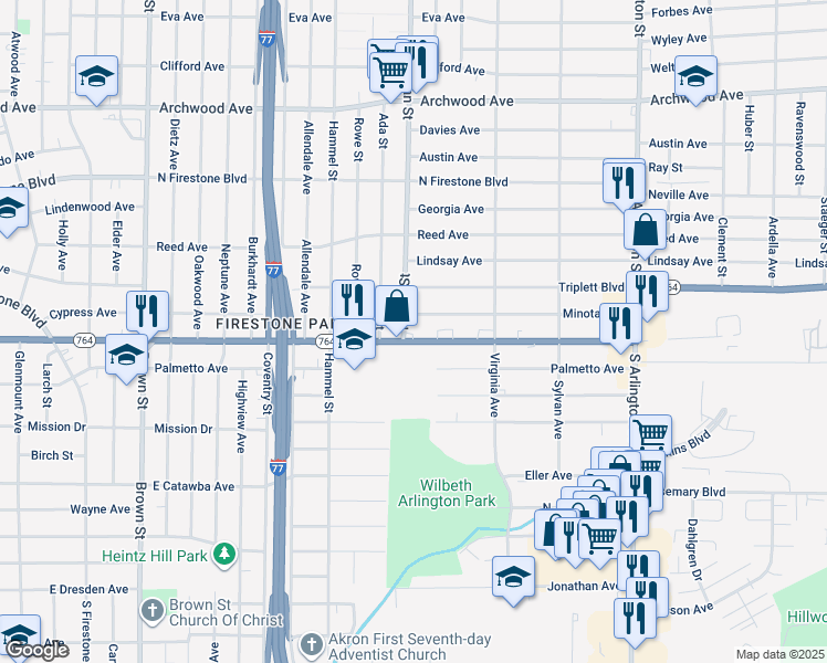 map of restaurants, bars, coffee shops, grocery stores, and more near 755 East Wilbeth Road in Akron