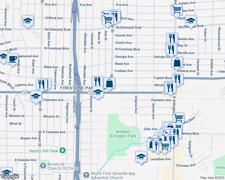 map of restaurants, bars, coffee shops, grocery stores, and more near 755 East Wilbeth Road in Akron