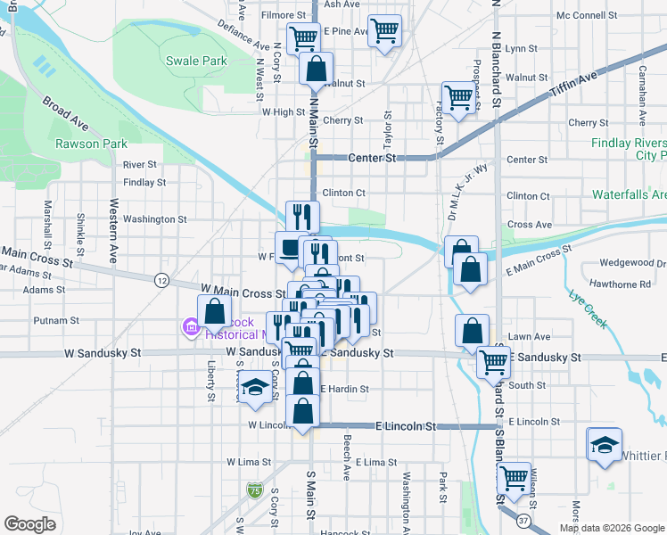 map of restaurants, bars, coffee shops, grocery stores, and more near 125 East Front Street in Findlay