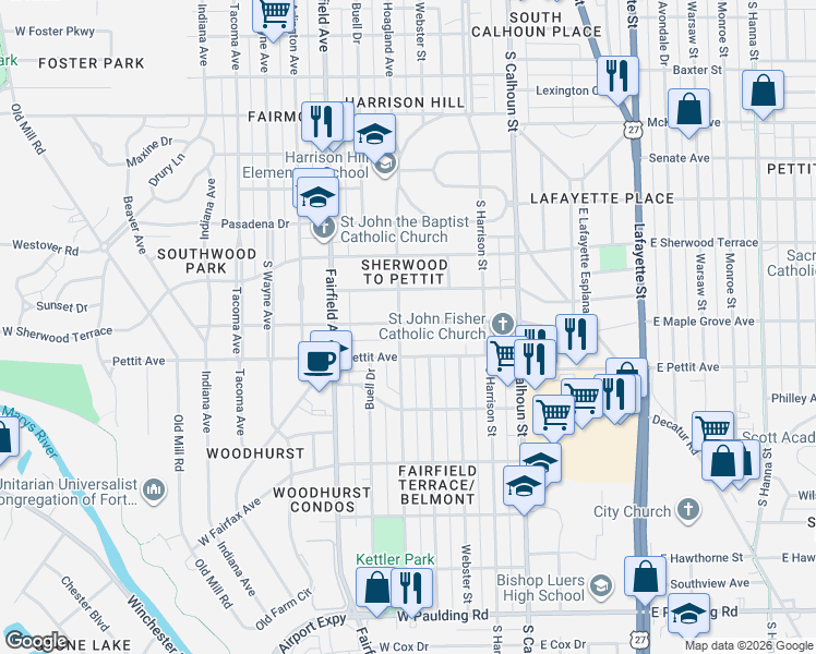 map of restaurants, bars, coffee shops, grocery stores, and more near 345 West Maple Grove Avenue in Fort Wayne