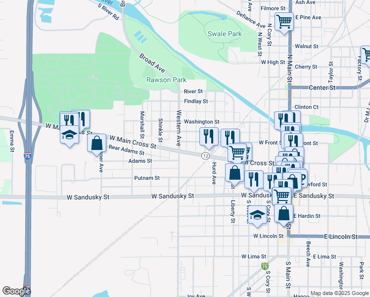 map of restaurants, bars, coffee shops, grocery stores, and more near 620 West Main Cross Street in Findlay