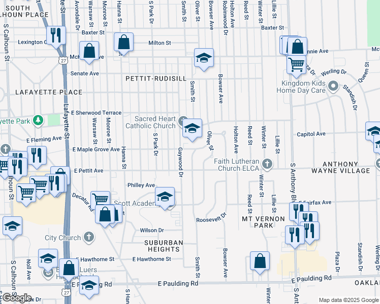 map of restaurants, bars, coffee shops, grocery stores, and more near 4802 Smith Street in Fort Wayne