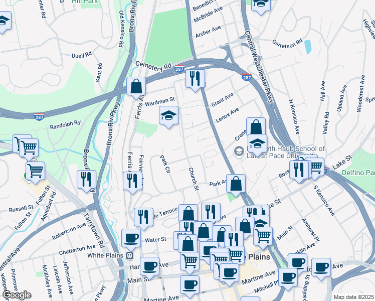 map of restaurants, bars, coffee shops, grocery stores, and more near 22 Parkview Court in White Plains
