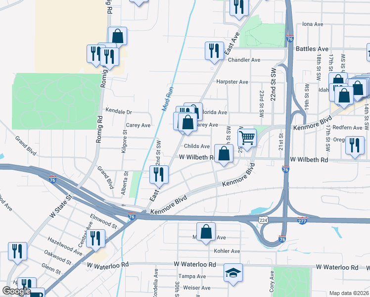 map of restaurants, bars, coffee shops, grocery stores, and more near 1304 Childs Avenue in Akron