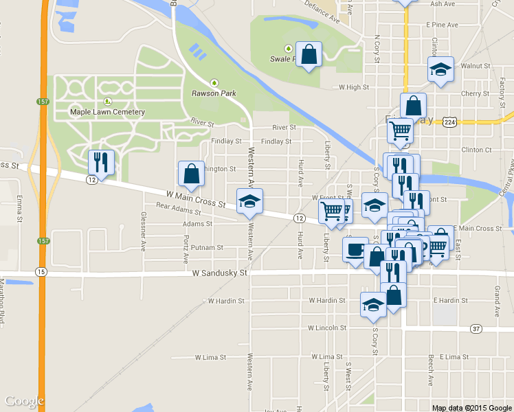 map of restaurants, bars, coffee shops, grocery stores, and more near 620 West Main Cross Street in Findlay