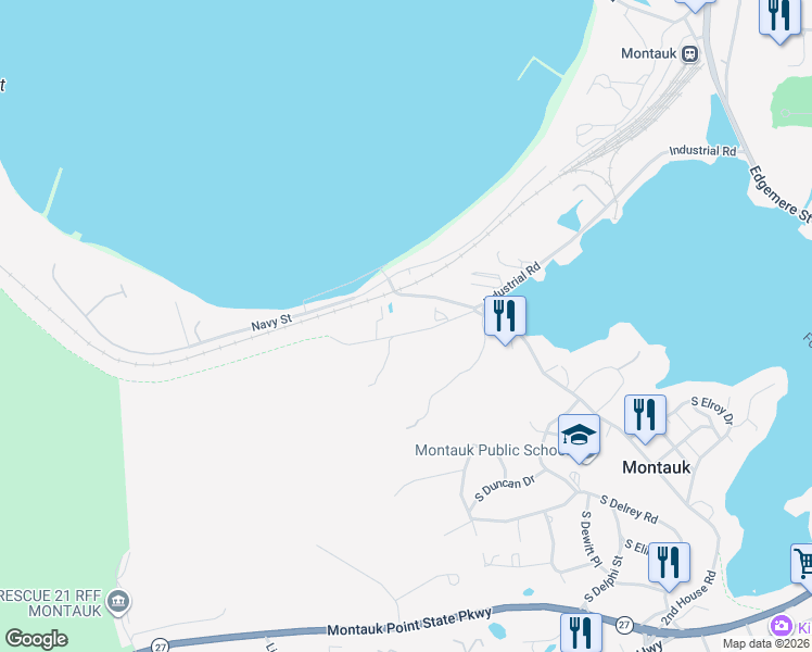 map of restaurants, bars, coffee shops, grocery stores, and more near 28 North Shore Road in Montauk