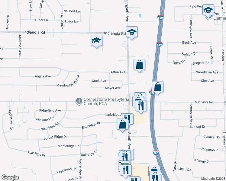 map of restaurants, bars, coffee shops, grocery stores, and more near 911 Moyer Avenue in Youngstown