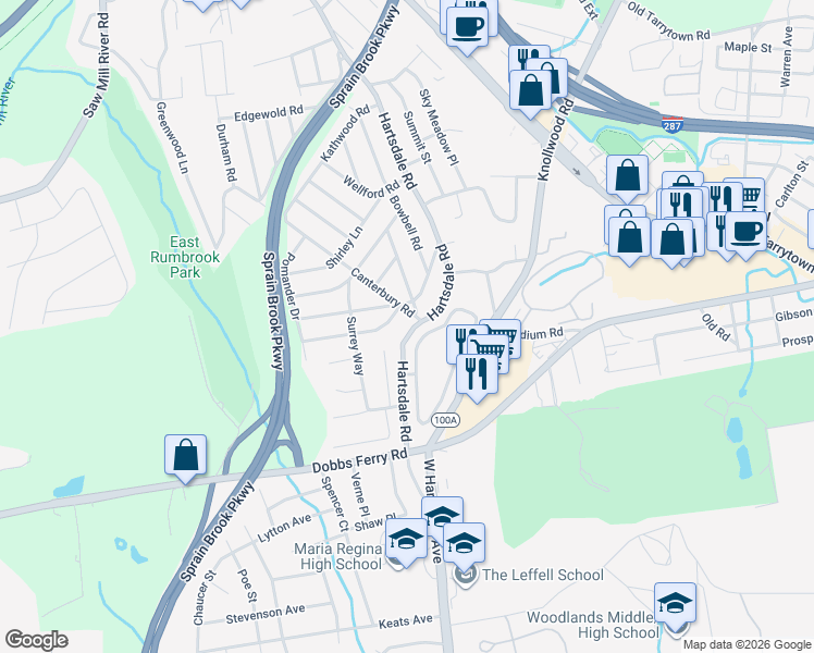 map of restaurants, bars, coffee shops, grocery stores, and more near 744 Hartsdale Road in White Plains