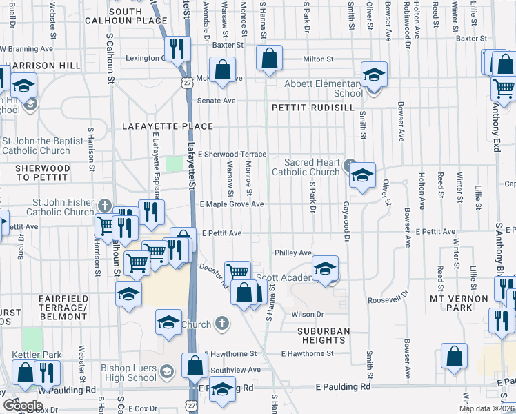 map of restaurants, bars, coffee shops, grocery stores, and more near 614 East Maplegrove Avenue in Fort Wayne