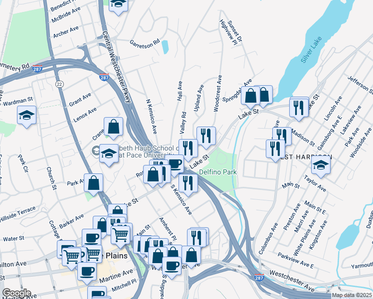 map of restaurants, bars, coffee shops, grocery stores, and more near 2 Valley Road in White Plains