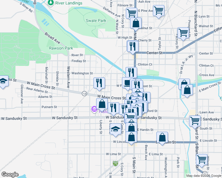 map of restaurants, bars, coffee shops, grocery stores, and more near 227 South West Street in Findlay