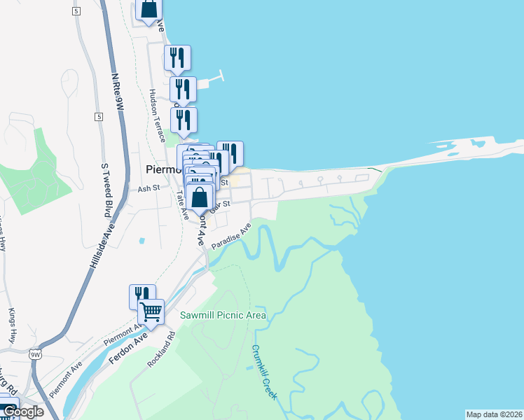map of restaurants, bars, coffee shops, grocery stores, and more near 112 Paradise Avenue in Piermont