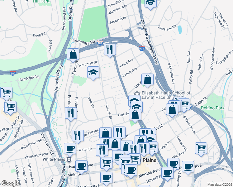 map of restaurants, bars, coffee shops, grocery stores, and more near 95 North Broadway in White Plains