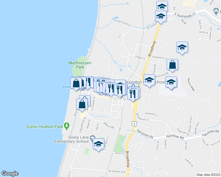 map of restaurants, bars, coffee shops, grocery stores, and more near 24 North Eckar Street in Irvington