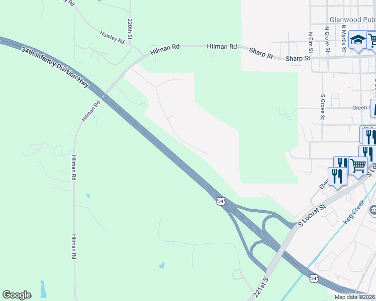 map of restaurants, bars, coffee shops, grocery stores, and more near 150 Hickory Ridge Drive in Glenwood